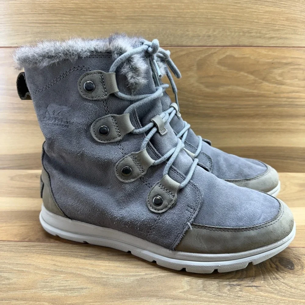 SOREL Explorer Joan Boots Womens‎ 10 Gray Suede Waterproof Faux Fur
